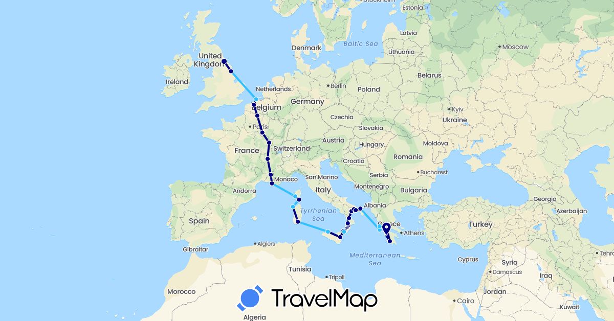 TravelMap itinerary: driving, boat in Belgium, France, United Kingdom, Greece, Italy (Europe)